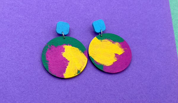 Hand painted wooden earrings with silver